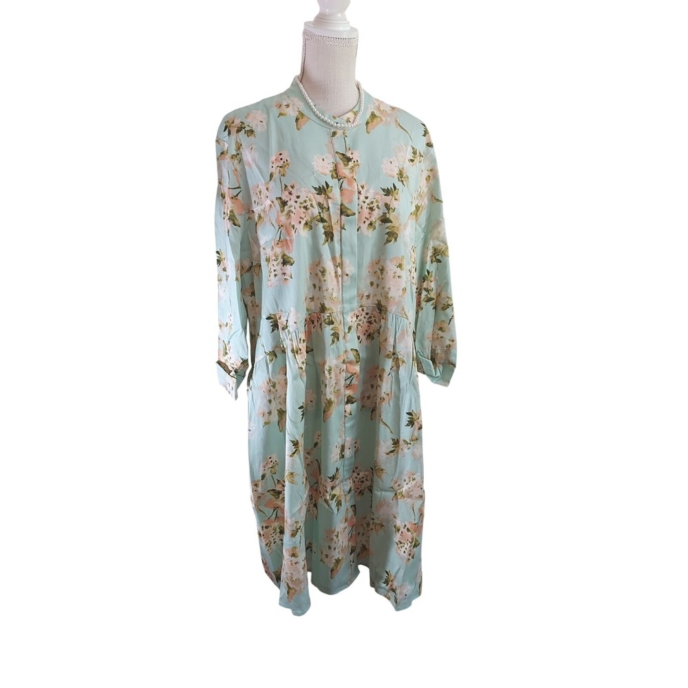 Tuckernuck XXXL Floral Shirt Dress Mint Green Chinoiserie Cotton Blend Lagenlook